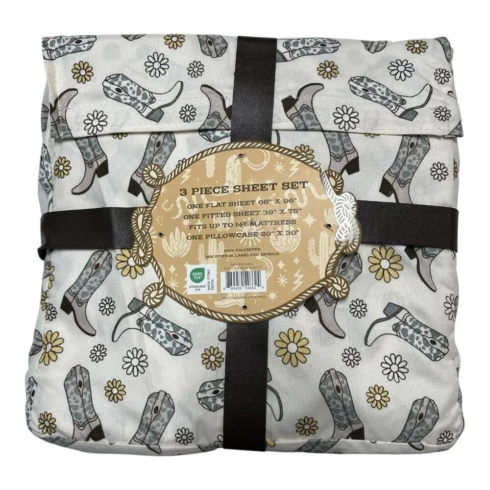 Dessert Dust Twin Sheet Gray All Over‎ Cowboy Boot Floral Print Western Cowgirl